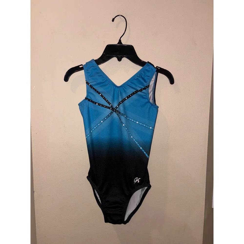 GK Elite Girls Gymnastics Leotard Blue Black Ombre Rhinestone Child Large CL